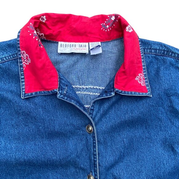 Vintage Denim Patchwork Red Bandana Jean Jacket Western Cowgirl Paisley Rodeo-XL - Picture 3 of 15